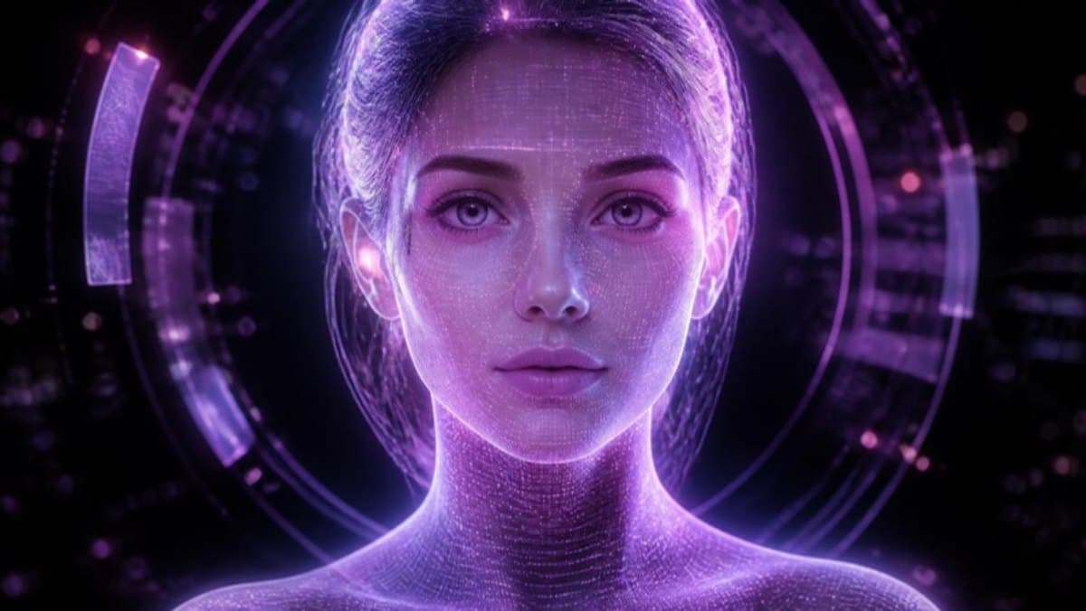 Illustration of Jarvia as a holographic female AI assistant: a luminous close-up face and shoulders in plum and raspberry light, ringed by floating interface circles.