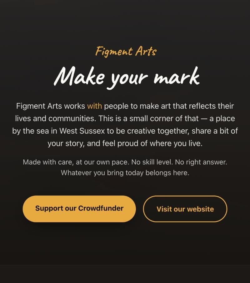The Make Your Mark welcome screen, headed “Figment Arts. Make your mark.”