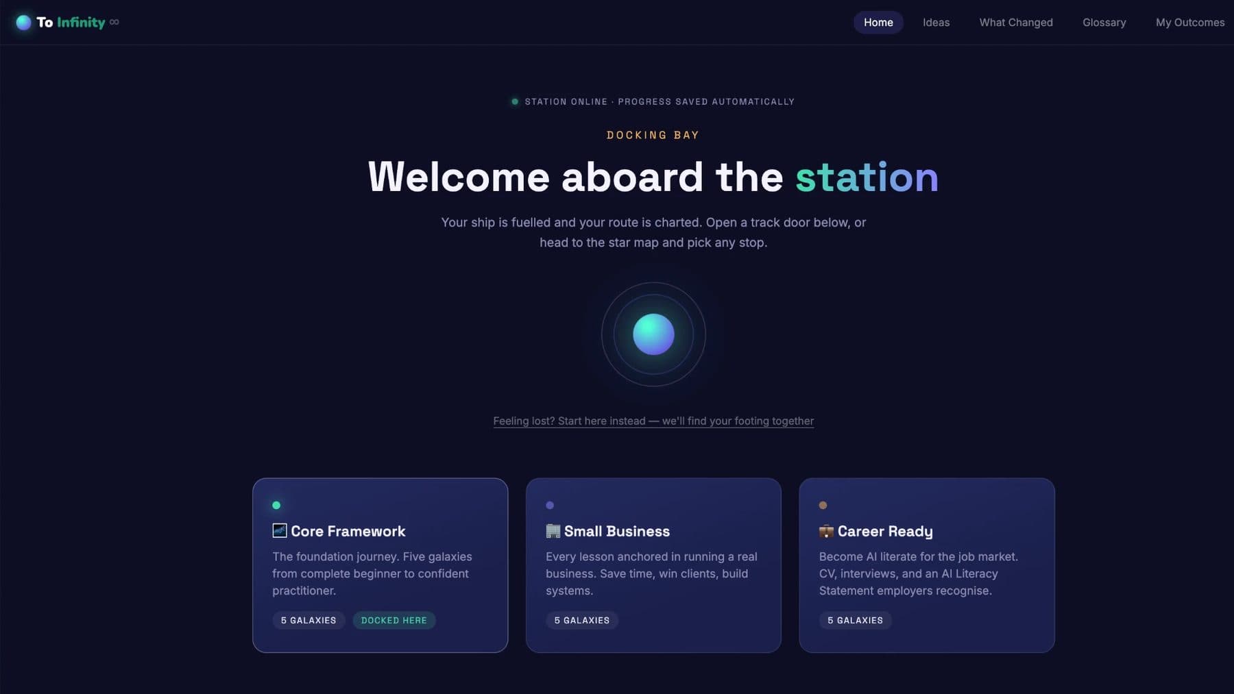 The To Infinity docking bay: “Welcome aboard the station” above three track doors, Core Framework, Small Business and Career Ready.
